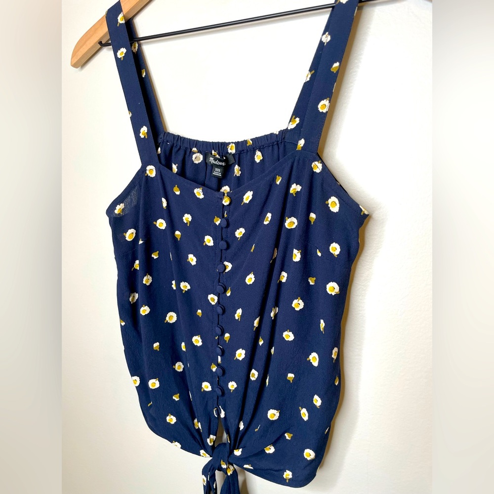 Madewell Blue Front Tie Sleeveless Floral Top with acorn accents